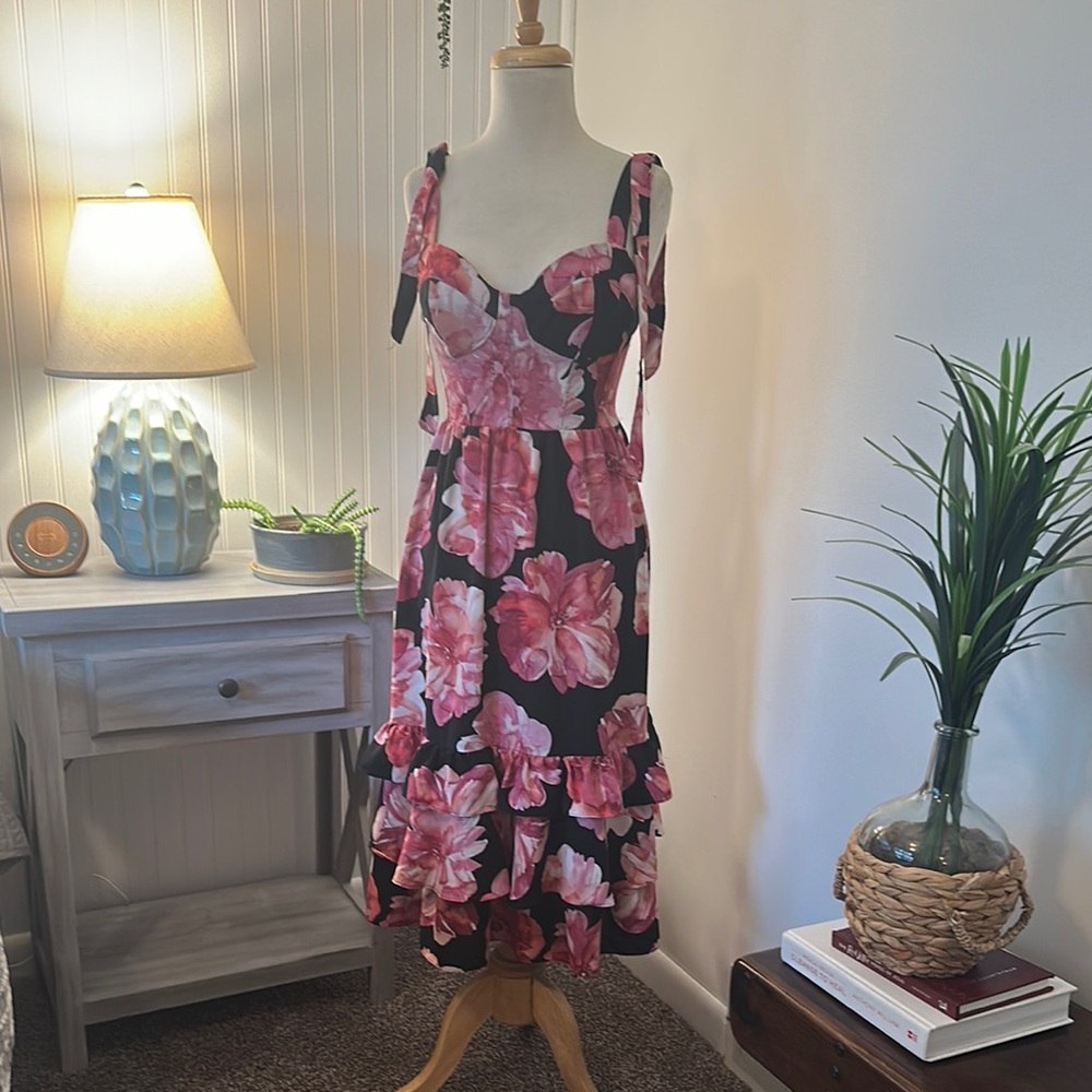 Floral Pink and Black Dress